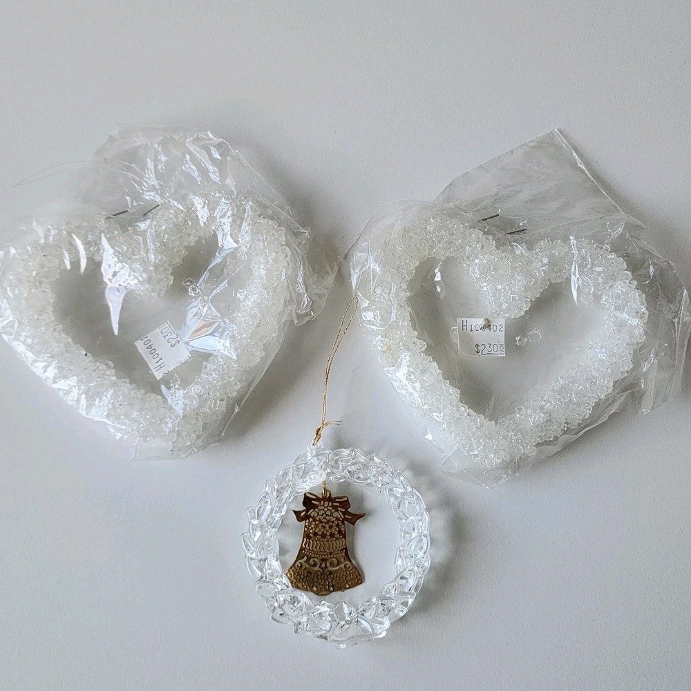 Acrylic Ice Wreath Christmas Ornaments Clear Sugared Hearts Brass Bell 80s VTG